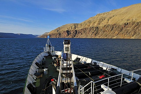 Cruise North Cruiseship Lyubov Orlova entering a fjord of Devon Island, Northwest Passage, Nunavut, Canada, Arctic