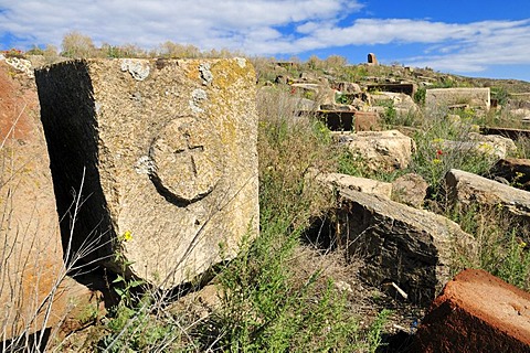 Historic Armenian cemetry, grave, gravestone at Khor Virap monastery, Armenia, Asia