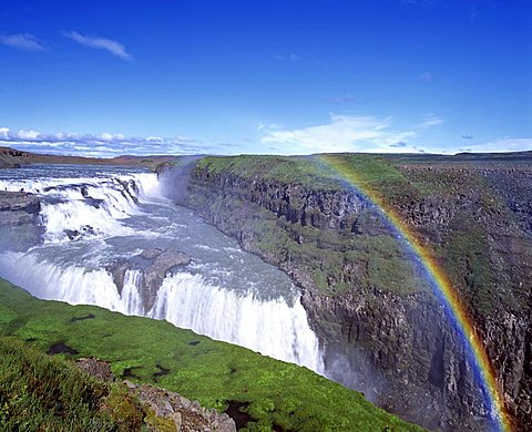 Rainbow over Gullfoss Waterfall, Hvita-Fluss, Haukadalur, southern Iceland, Iceland