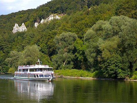 Ship, gap of danube river, near Weltenburg, Altmuehltal Nature Park, Bavaria, Germany, Europe