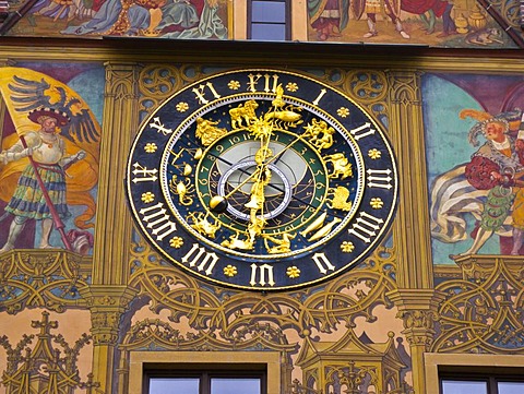 Town hall, painted facade with clock, Ulm, Baden-Wuerttemberg, Germany, Europe