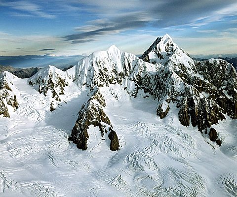 Aerial shot, Mount Tasman and Aoraki, Mount Cook, Aoraki/Mount Cook National Park, South Island, New Zealand