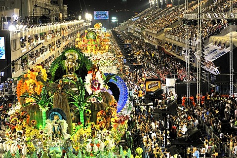 View of the Sambadrom, architect Oscar Niemeyer, during the parade of the Mocidade Independente de Padre Miguel samba school, Carnaval 2010, Sambodromo, Rio de Janeiro, Brazil, South America