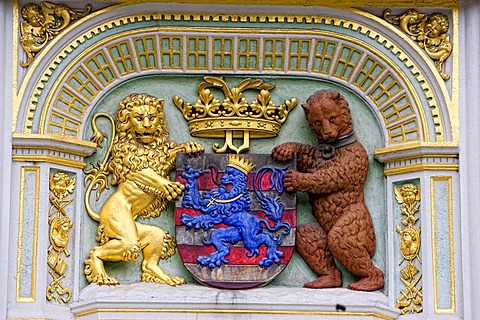 Coat of arms on the Palace of Justice, Burgplein, Bruges in West Flanders, Belgium, Europe