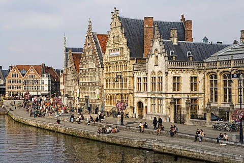 Promenade with ancient guild houses along the Lys or Leie, Graslei, Ghent, Flanders, Belgium, Europe