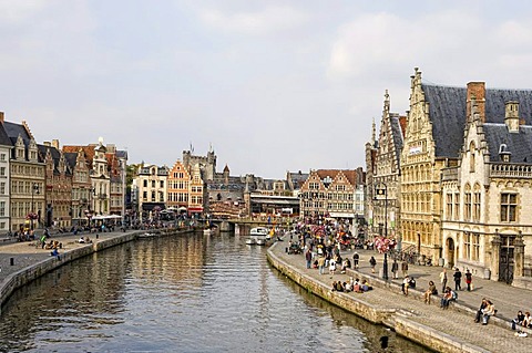 Promenade with ancient guild houses along the Lys or Leie, Graslei, Ghent, Flanders, Belgium, Europe