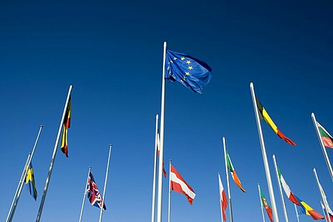 International flags in front of the European Commission, Kirchberg quarter, Europe District, Luxembourg, Europe