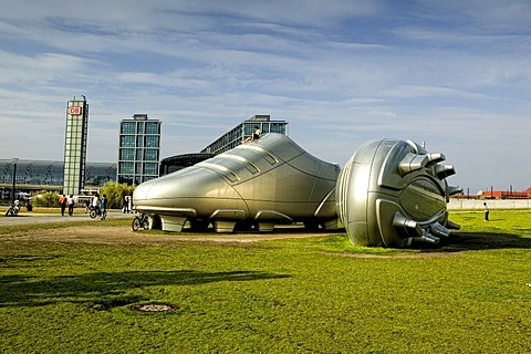 Football shoes as a sculpture, Berlin central railway station, former Lehrter Bahnhof station, Berlin, Germany, Europe