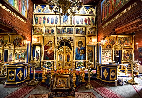 Interior, wooden Russian Orthodox church of Sankt Nikolaus in the Internationales Wind- und Wassermuehlen-Museum international wind and water mill museum in Gifhorn, Lower Saxony, Germany, Europe