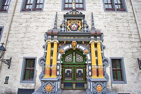 The town hall in the Weser Renaissance style in Hannoversch Muenden, Hesse, Germany, Europe