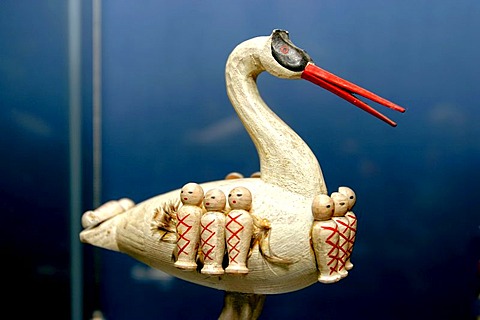 Historical wooden toys, stork delivering babies, Toy Museum, Seiffen, Erzgebirge, Ore Mountains, Saxony, Germany, Europe