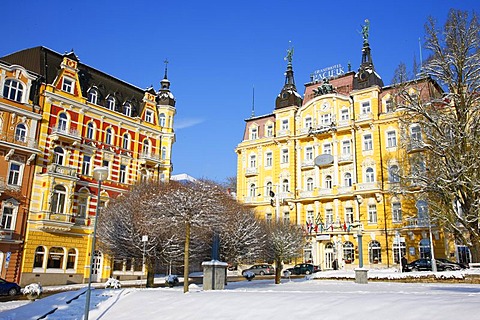 Richly decorated hotel facades, wintery, Marianske Lazne, Czech Republic, Europe