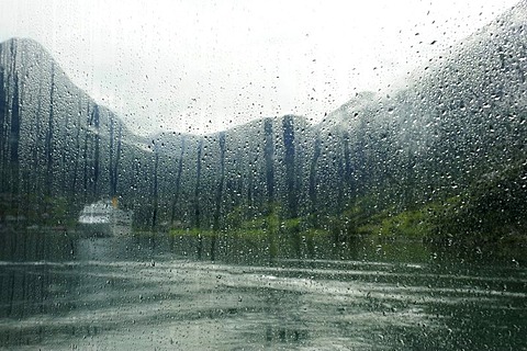 Raindrops on a window pane, view into the Geiranger Fjord, UNESCO World Heritage Site, Norway, Scandinavia, Northern Europe