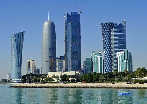 Skyline of Doha, Navigation Tower, Peace Towers, Al-Thani Tower, Tornado Tower, Emirate of Qatar, Middle East, Asia