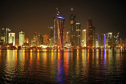 Night shot of the Doha skyline, Tornado Tower, Navigation Tower, Peace Towers, Al-Thani Tower, Doha, Qatar, Persian Gulf, Middle East, Asia