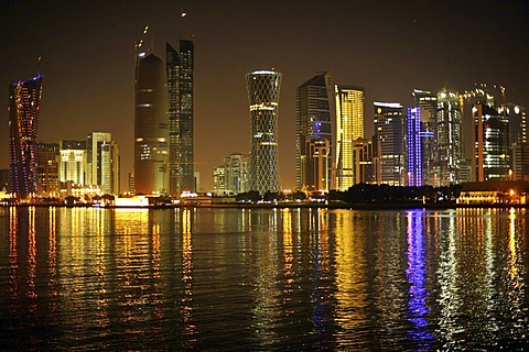 Night shot of the Doha skyline, Tornado Tower, Navigation Tower, Peace Towers, Al-Thani Tower, Doha, Qatar, Persian Gulf, Middle East, Asia