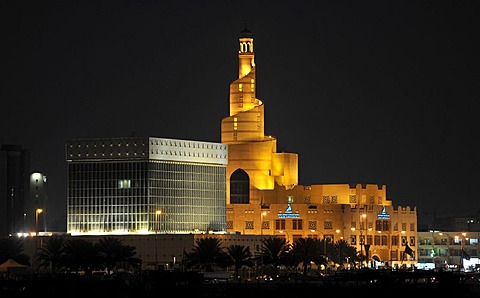 Night shot, spiral-shaped tower of the FANAR, Qatar Islamic Cultural Center, Doha, Qatar, Persian Gulf, Middle East, Asia