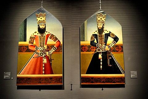 Exhibit, portrait of Sultan Hasan al-Sultani and Shaykh Ali Mizra, Museum of Islamic Art, Corniche, Doha, Qatar, Persian Gulf, Middle East, Asia