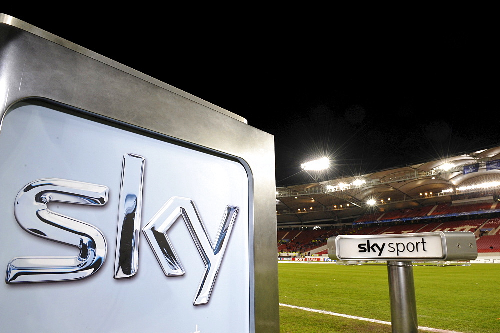 Logo and SKY SPORT desk, Mercedes-Benz Arena, Stuttgart, Baden-Wuerttemberg, Germany, Europe