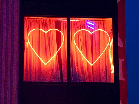 Hearts in a window, brothel in the red light district, Frankfurt, Hesse, Germany, Europe