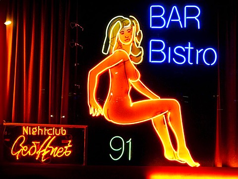 Erotic neon sign in the red light district, Frankfurt, Hesse, Germany, Europe