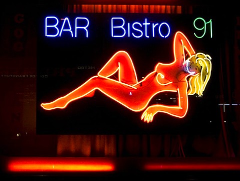 Erotic neon sign in the red light district, Frankfurt, Hesse, Germany, Europe