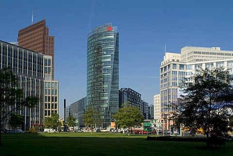 View from Leipziger Platz square on Potsdamer Platz square with Deutsche Bahn German Railways Tower and the Sony Center, Mitte district, Berlin, Germany, Europe