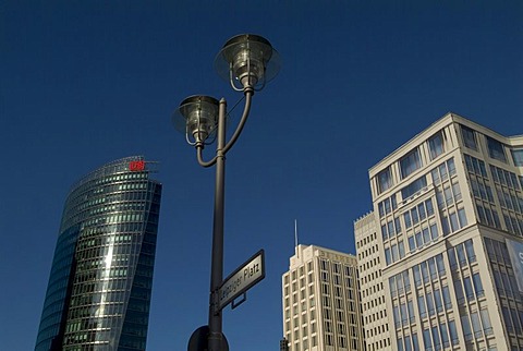 View from Leipziger Platz square on Potsdamer Platz square with Deutsche Bahn German Railways Tower and the Beisheim Center buildings, Mitte district, Berlin, Germany, Europe