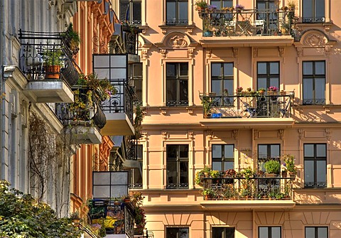 Balconies and picturesque old buildings on Chamissoplatz square, near Bergmannstrasse street, Kreuzberg district, Berlin, Germany, Europe