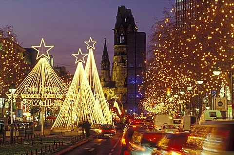 Tauentzienstrasse strasse and Kaiser-Wilhelm-Gedaechtniskirche, Kaiser Wilhelm Memorial Church at Breitscheidplatz square at Christmas time with fairy lights, Charlottenburg district, Berlin, Germany, Europe