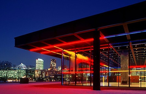 Neue Nationalgalerie national art museum by architect Mies van der Rohe, light installation "Ba-O-Ba" by artist Keith Sonnier, Schoeneberg district, Berlin, Germany, Europe