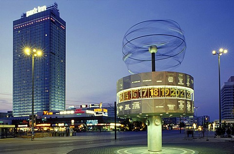 Alexanderplatz square at dusk, world clock, Park Inn Hotel, Mitte district, Germany, Europe