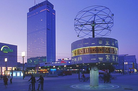 Alexanderplatz square at dusk, world clock, Park Inn Hotel, Galleria Kaufhof departement store, Mitte district, Germany, Europe