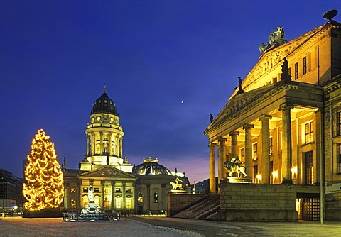 Gendarmenmarkt square with Christmas tree and moon, Schauspielhaus theater, Deutscher Dom cathedral, Mitte district, Germany, Europe