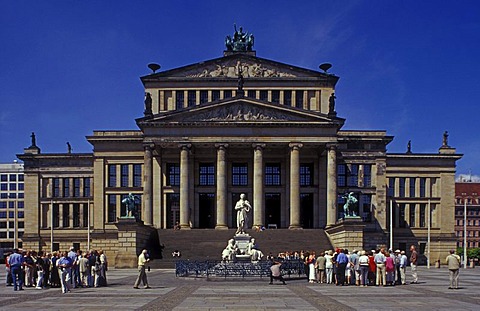 Schauspielhaus theater by Karl Friedrich Schinkel, today a concert hall, with Schiller monument on Gendarmenmarkt square, Mitte district, Germany, Europe