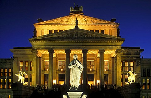 Schauspielhaus theater by Karl Friedrich Schinkel, today a concert hall, with Schiller monument on Gendarmenmarkt square, Mitte district, Germany, Europe