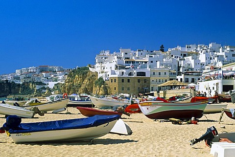 View of city with beach, Albufeira, Algarve, Portugal, Europe