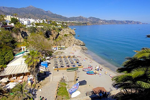 Playa Calahonda, view from Balcon de Europa, Balcony of Europe, Nerja, Costa del Sol, Malaga province, Andalusia, Spain, Europe