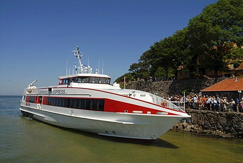 Modern ferry at the old Christiansoe Fortress, Denmark, Europe