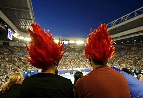 Two Roger Federer fans with dyed hair, view from above towards the Centre Court, night scene, Australian Open 2010, Grand Slam Tournament, Melbourne Park, Melbourne, Australia