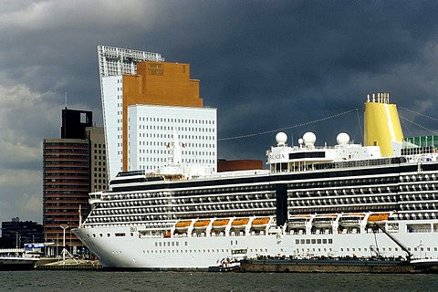 Cruise ship Arcadia anchored in front of skyscrapers, Kop van Zuid, Rotterdam, South Holland, Netherlands, Europe anchor