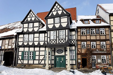 Klopstock museum, historic half-timbered houses, snow-covered, castle hill, Quedlinburg, Harz, Saxony-Anhalt, Germany, Europe