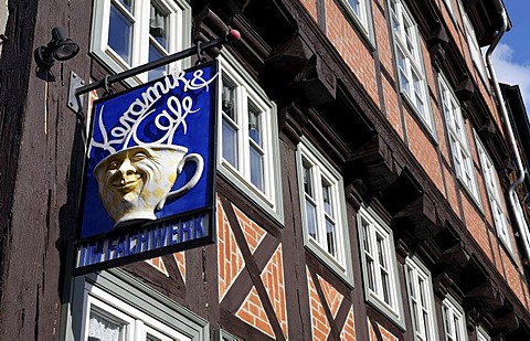 Cafe-sign made of ceramic, on a half-timbered house from the 17th century, Stieg, Quedlinburg, Harz, Saxony-Anhalt, Germany, Europe