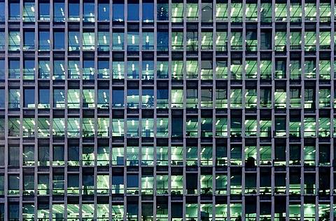 Office tower with lit-up windows, cold fluorescent lighting, Cite Administrative, Brussels, Belgium, Europe