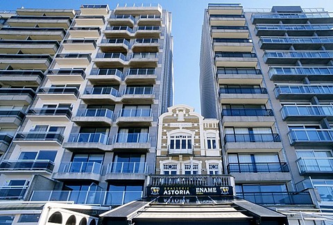 Small old villa, squeezed between new apartment tower buildings, Blankenberge, North Sea, West Flanders, Belgium, Europe