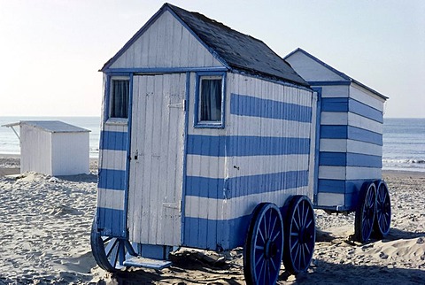 Two beach huts on wheels, painted with stripes, beach, seaside resort Blankenberge, North Sea, West Flanders, Belgium, Europe