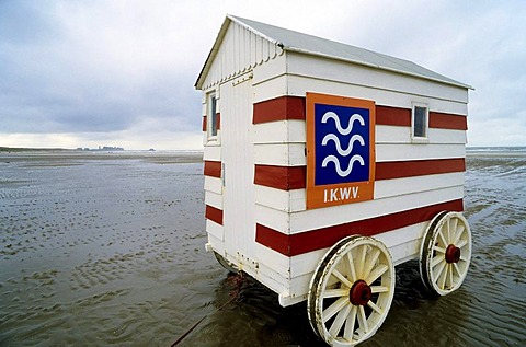 Beach hut on wheels with water rescue logo, seaside resort Blankenberge, North Sea, West Flanders, Belgium, Europe