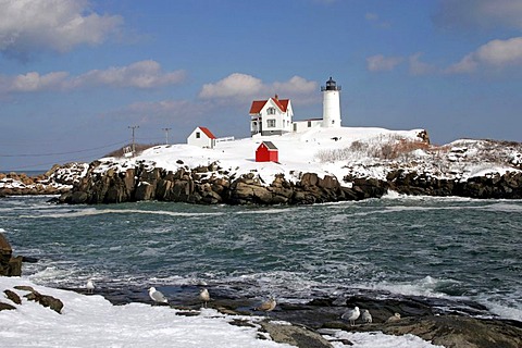 Nubble Light lighthouse, winter, snow, York, Maine, New England, USA