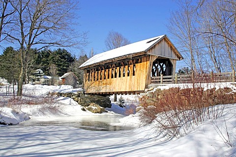 Covered bridge, Cilleyville Bog bridge, snow, winter, New Hampshire, New England, USA