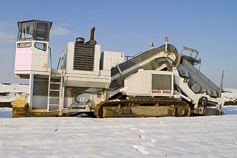 Cranes on tracked vehicles for laying a pipeline, Marchfeld, Lower Austria, Austria, Europe